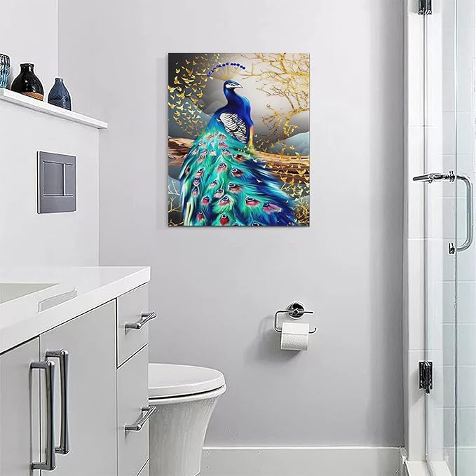yerretin Peacock Wall Art Peacock Golden Tree Pictures Wall Decor Bird Canvas Painting Modern Decoration Artwork for Bathroom Living Room Bedroom Office Framed 16"x20"