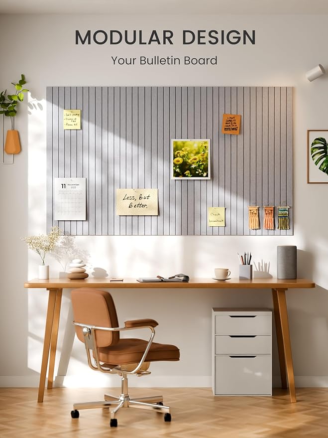 Bumusty Large Cork Board Alternative-36 x 24" Felt Bulletin Board Tiles, with 30 Pushpins, 40 Adhesive Tabs, 6-Pack Slat Wall Paneling, Cork Boards for Office Push Pin Board Felt Board-Soft Gray
