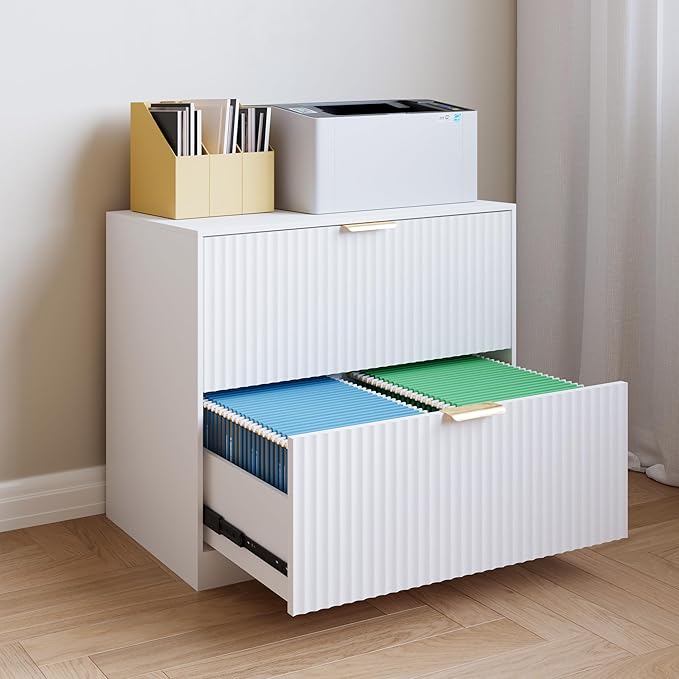 Double Drawer Horizontal File Cabinet,Wooden Fluted File Cabinet Printer Stand for Legal/Letter/A4 Size with Metal Handle for Modern Home,Office,Living Room((File cabinet-White-04)