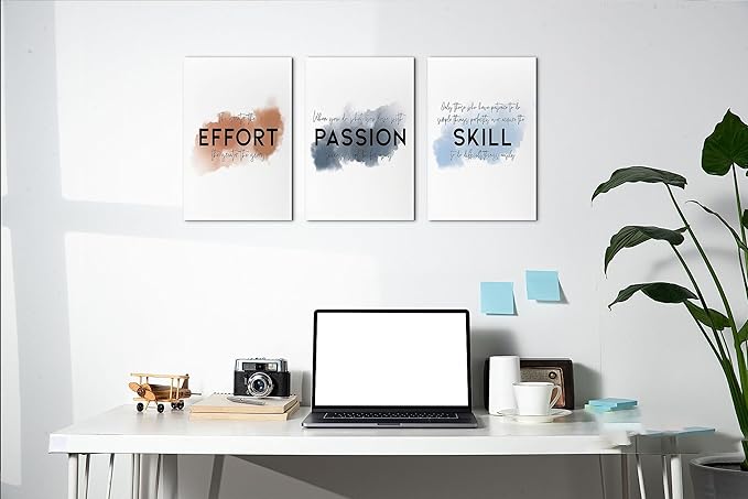 SHMAO Office Canvas Wall Art Motivational Wall Decor, 3 Piece Effort Passion Skill Print Pictures for Office Wall Decor Women Inspirational Framed Artwork Home Office Decor 12”x18”x3 Panels