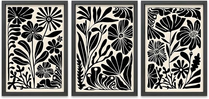 TQianJiang Flower Plant Sign Wall Decor 16"X11" Set of 3 Black And White Botanical Painting Wood Framed for Bedroom Abstract Wildflower Hanging Art (Black)