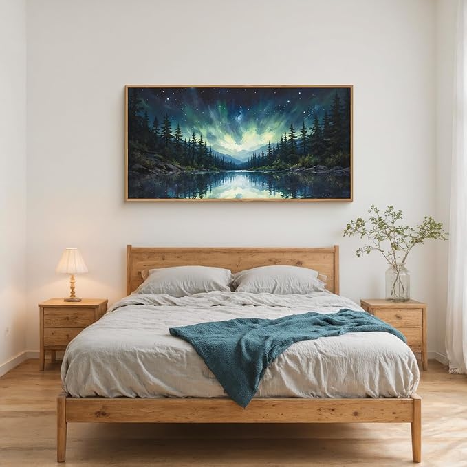 HOURIA Luminous Northern Lights Forest Lake Framed Canvas Wall Art Set,Starry Nordic Aurora Borealis Mountain Scenery Decor,Wilderness Pine Tree Reflection Artwork for Living Room,Farmhouse-20 x40 x1