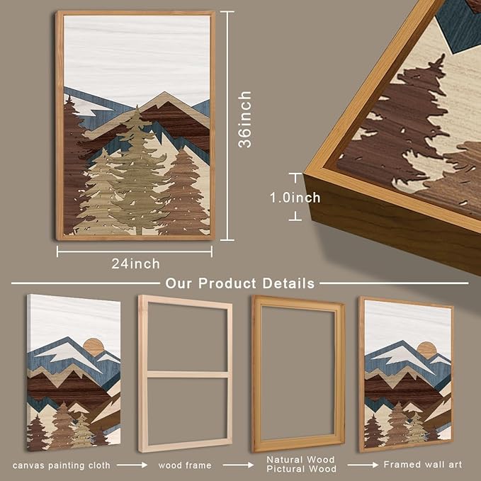 BINCUE Large Boho Mountain Canvas Wall Art Set of 3,Woodcut Sun Forest Canvas Wall Decor,Vintage Mountain Artwork Abstract,Pine Tree Landscape Painting for Living Room Bedroom Office 24x36 Inch Gift
