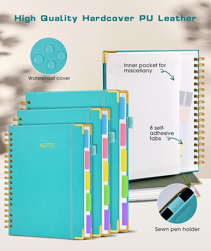 Hardcover Spiral Notebook journal with Removable Dividers Tabs, 300 Pages Leather 5 Subject Notebook College Ruled, 100GMS A5 Notebooks for Work School Note taking,Lined Journal for Women,A5-Blue