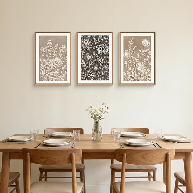 Neutral Boho Flower Framed Canvas Wall Art Set,Vintage Moody Rose Peony Daisy Wildflower Decor,Modern Natural Brown Black Floral Botanical Artwork for Living Room,Bedroom,Farmhouse-24 x36 x3