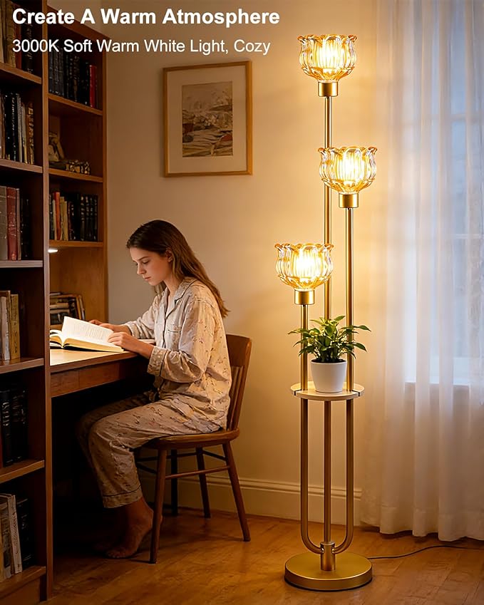 Lightdot Glass Floor Lamp for Living Room 3-Lights Modern Dimmable Gold Floor Lamp with Amber Glass Shade & 3000K Bulbs Included Unique Tall Standing Lamp for Bedroom/Sofa Beside/Corner Decor