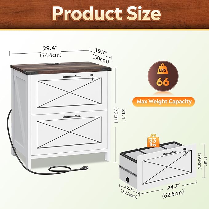 DEVAISE Lateral File Cabinet with Lock, 2 Drawers & Charging Station, Farmhouse Wood Printer Stand with Large Storage, Fits A4/Letter/Legal Hanging Files, White