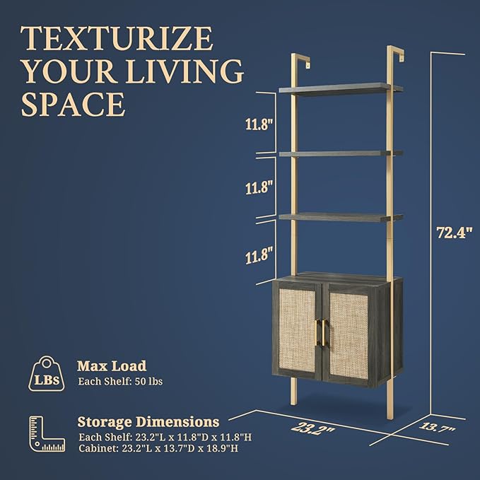 5 Tier Book Shelf Set of 2, 73" Tall Bookshelf with Storage, Modern Bookcase with Shelves, Wall Mount Ladder Shelf with Steel Frame, Bookshelves with Rattan Cabinet for Living Room (Midnight Oak)