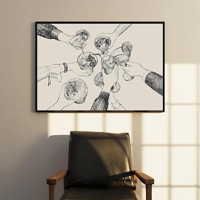 Kitchen Wall Art Vintage Cheers Sign Art Prints Friends Clinking Bar Cart Painting Trendy Cheers Cocktail Poster Abstract Retro Artwork for Home Living Room Kitchen Dining Bar Wall Decor, Unframed