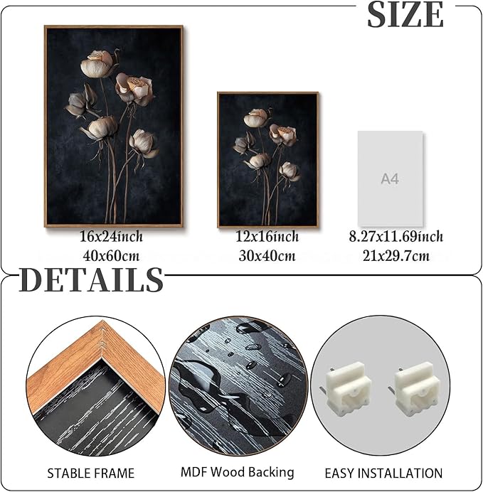 KISSFOX 3 Piece Moody Dried Flower Canvas Wall Art For Bedroom Dark Vintage Floral Framed Wall Art Rustic Aesthetic Botanical Art Prints for Living Room Bathroom,12x16 in