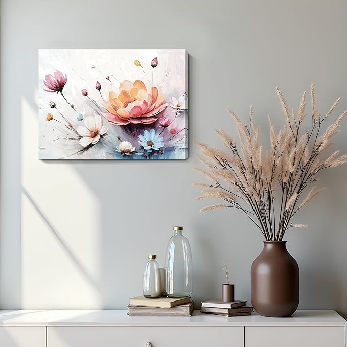 Amatop Canvas Wall Art Abstract Botanical Decor Pink White Blue Orange Colorful Flower Bouquet Print Small Size Art Work For Wall Decor Nature Landscape Canvas Picture For Bedroom Bathroom Office Dining Room 16X12In