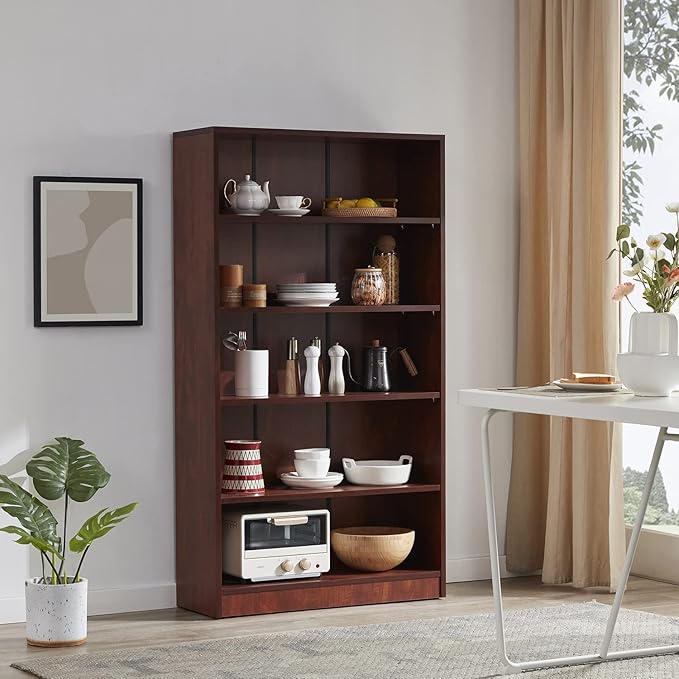 Farini Cherry Bookshelf for Bedroom 5 Shelf Office Bookcase 60 Inches Tall Modern Wood Bookshelf for Living Room 5 Tier Wide Manga Bookshelf Library Bookcase