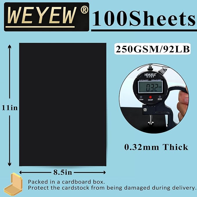 100 Sheets 92lb Black Cardstock, 8.5" x 11", Thick Black Paper DIY Craft Blank Invitation Halloween Supply, 92LB Cover 250 GSM