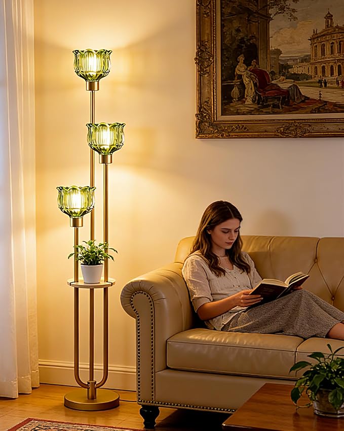 Lightdot Glass Floor Lamp for Living Room 3-Lights Modern Dimmable Gold Floor Lamp with Green Glass Shade & 3000K Bulbs Included Unique Tall Standing Lamp for Bedroom/Sofa Beside/Corner Decor