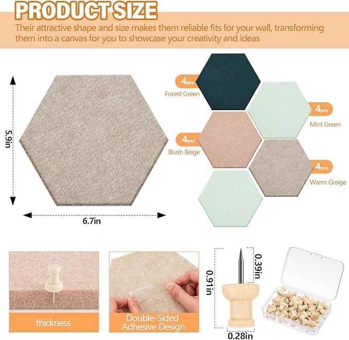 16 Pcs Hexagon Cork Board for Walls with 50 Wooden Push Pins 6.7 x 5.9 in Felt DIY Tiles Notice with Nano Tape Hanging Bulletin Board for Home Photo Office Memo Note (Green)