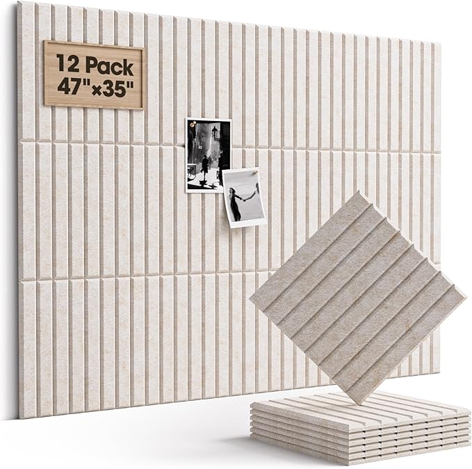 Soundsbay Large Cork Board, 47"x35" Slat Bulletin Board Alternative, 12-Pack Cork Boards for Walls, 60 Adhesive Tabs, Felt Wall Tiles for Home Office Classroom Pin Board