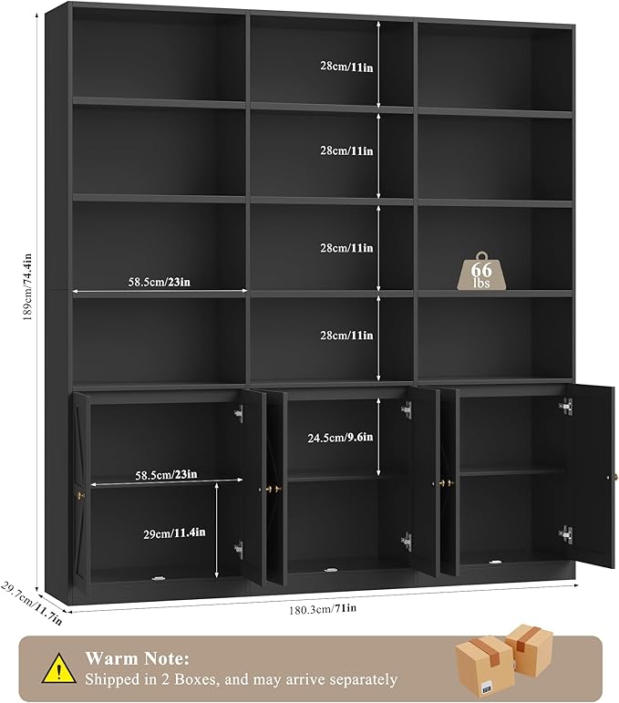 FACBOTALL 75" Triple Wide Bookshelf, Bookshelf and Bookcase with 6 Farmhouse Doors, 71" Wide 6 Tier Book Shelf with 18 Storage Shelves, Large Wooden Bookshelves, Tall Bookcase for Home Office, Black