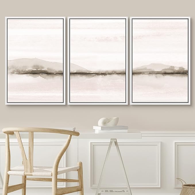 SIGNWIN Framed Canvas Print Wall Art Set Pastel Sunset Mountain Forest Lake Nature Wilderness Illustrations Modern Art Rustic Scenic Relax/Calm for Living Room, Bedroom, Office - 16"x24"x3 White