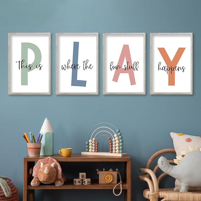 This Is Where The Fun Stuff Happens Kids Playroom Wall Art 11x16 Inch Set Of 4 Rustic Kids Wood Framed Boy Sign Toddler Modren Nursery Interesting Let's Play Prints Wall Hang Decor (White)