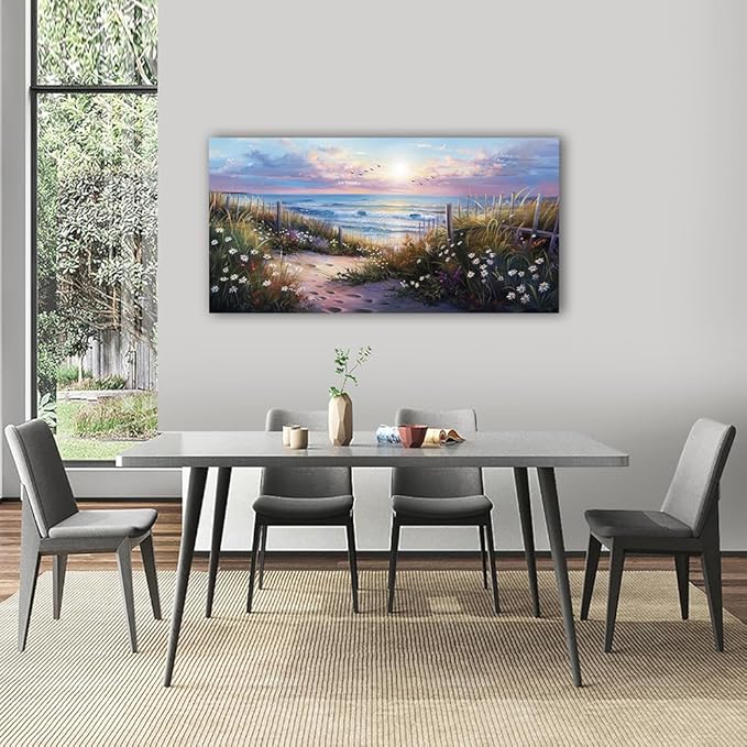 hyidecorart Blue Ocean Artwork Pictures Canvas Wall Art For Living Room Wall Decor For Bedroom Flower Beach Scenery Wall Painting Framed for Office Hotel Wall Decor Modern Posters Home Decorations