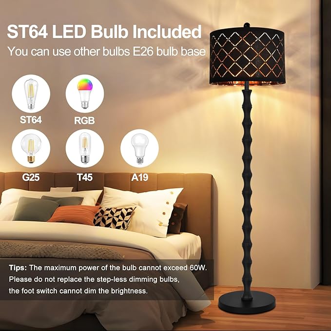 Gothic Vintage Floor Lamp for Living Room Bedroom,Black Standing Tall Lamp with Drum Lampshade,Farmhouse Unique Floor Lamps,Mid Century Modern Iron Floor Lamp for Office Corner(Bulb Included)