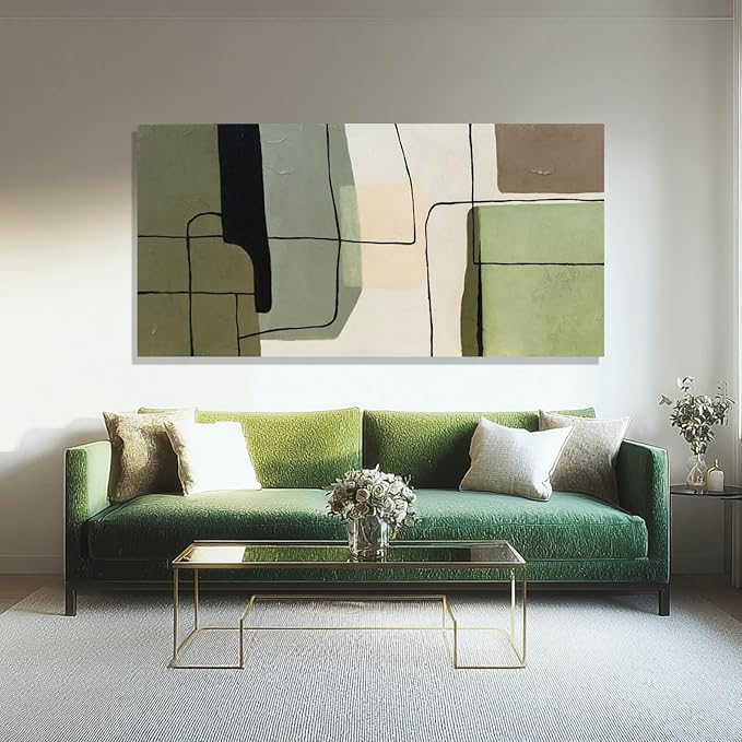 Framed Green Abstract Wall Art and White Modern Wall Decor, Modern Canvas Prints for Living Room, Bedroom, or Office, 24" x 48"