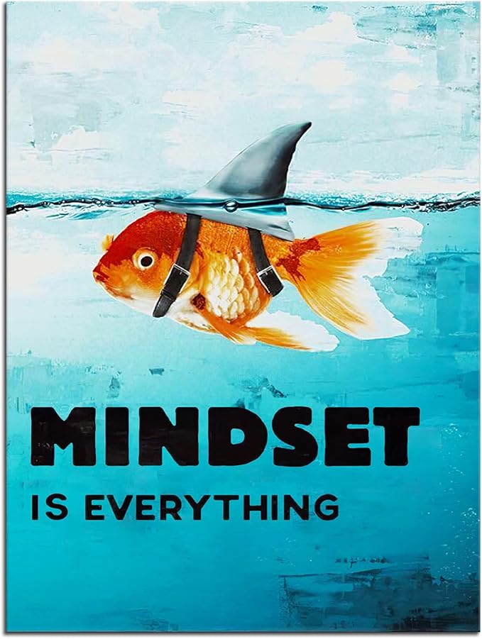 Inspirational Canvas Wall Art Mindset is Everything Goldfish Shark Print Artwork Motivational Poster Office Wall Decoration Wooden Frame Holiday Gift Ready to Hang[30″W X 40′'H]