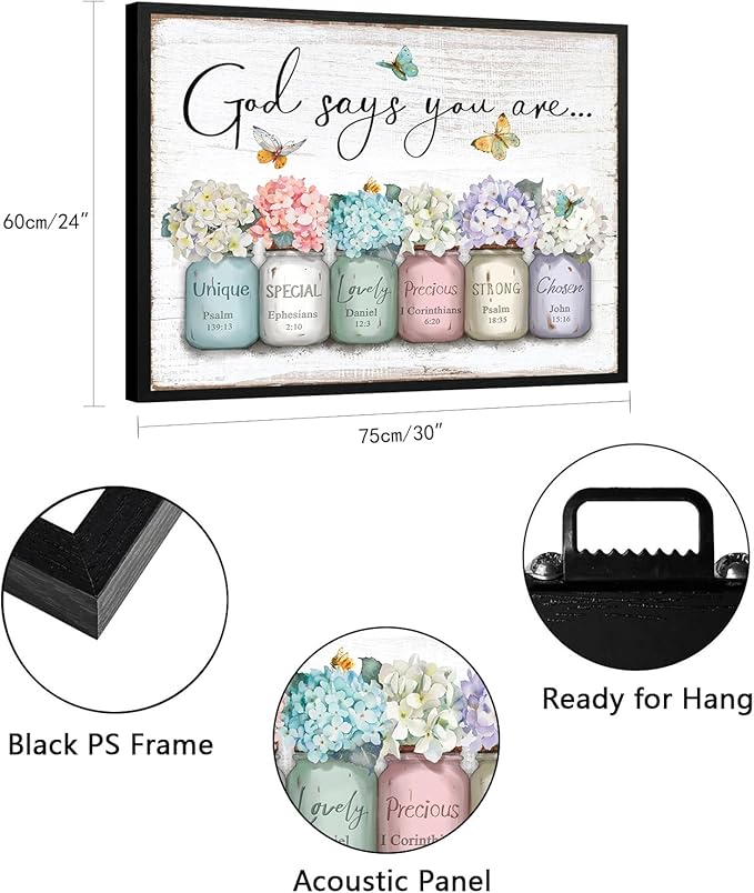 Inspirational Bible Verse Wall Art: God Says You Are Wall Decor Framed Christian Painting 24" x 30",Hydrangea Flower in Mason Jar Prints Hanging Posters Religious Bedroom Decor for Women Girls