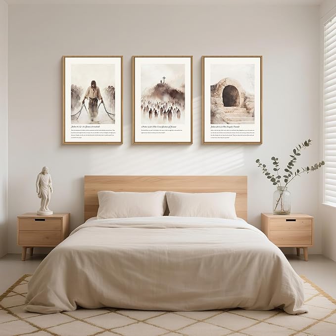 KAIRNE Christian Wall Art Set of 3, Jesus Resurrection Bible Verses Framed Canvas Prints, Easter Decor with Crucifixion, Empty Tomb, Religious Home Decor for Living Room, Church 16x24 Inch