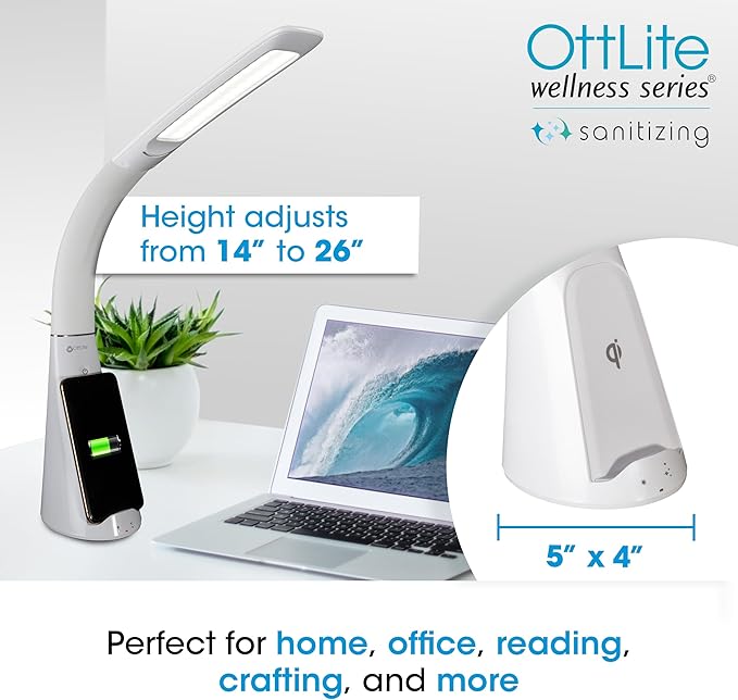 OttLite Purify LED Sanitizing Desk Lamp with Wireless Charging – Eliminates up to 99.9% of Bacteria, Touch Activated, Flexible Neck, Modern Light for Reading, Crafting & Office Desktop