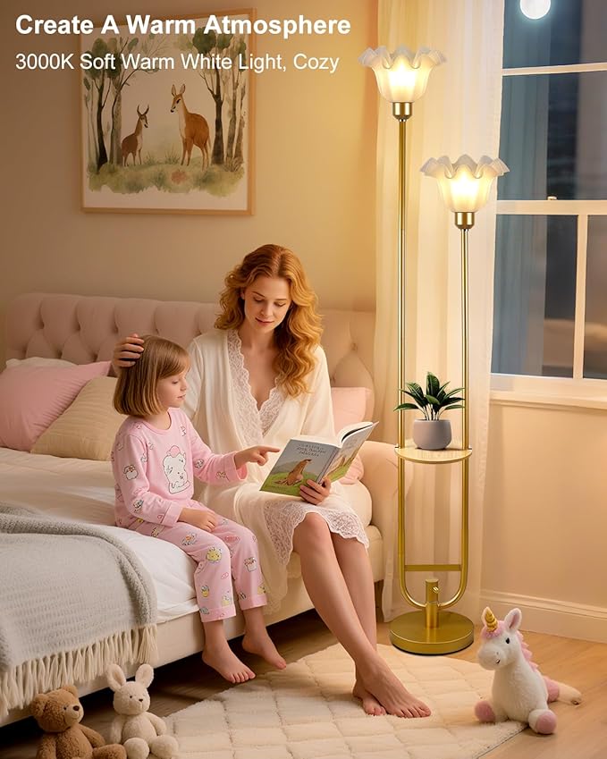Lightdot Dimmable Flower Floor Lamp for Living Room, Modern Mid Century Floor Lamp with Table, Gold Tall Standing Lamp for Bedroom/Sofa Beside/Corner Decor(Bulb Included)