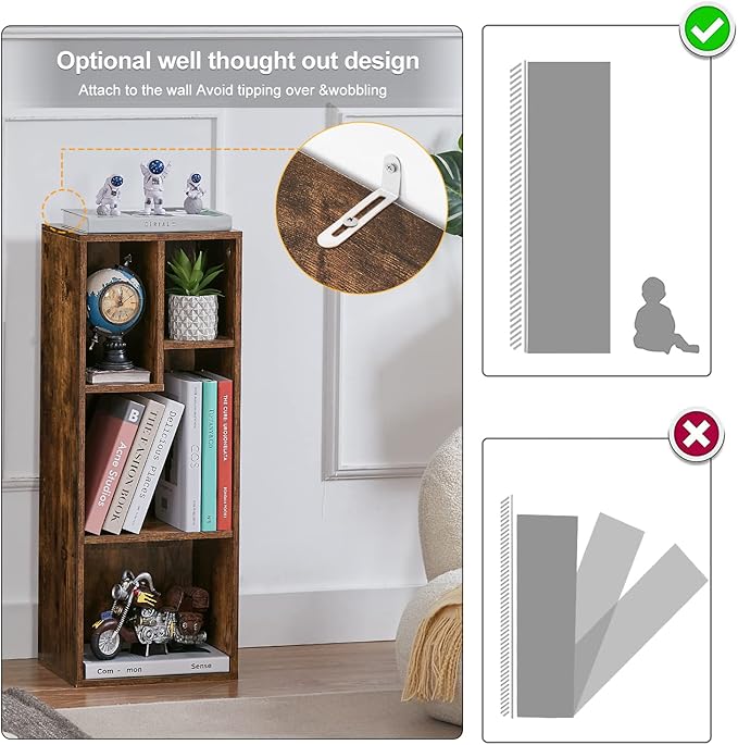 VECELO 3-Tier 4-Cube Bookshelf with Height Difference Shelves, 66 LBS Per Shelf Heavy Duty Bookcase, Modern Floor Standing Storage Unit for Living Room Bedroom, Rustic Brown