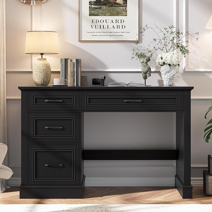 Farmhouse 47" Executive Desk with 3 Drawers and Adjustable File Drawer, Workspace for Home Office and Study, Pure Black.