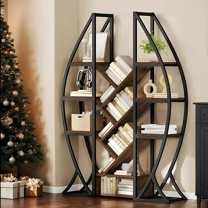 DWVO Oval Bookshelf, Triple Wide 5 Tier Etagere Bookcase, Industrial Display Shelves for Living Room, Bedroom, Home Office, Rustic Brown