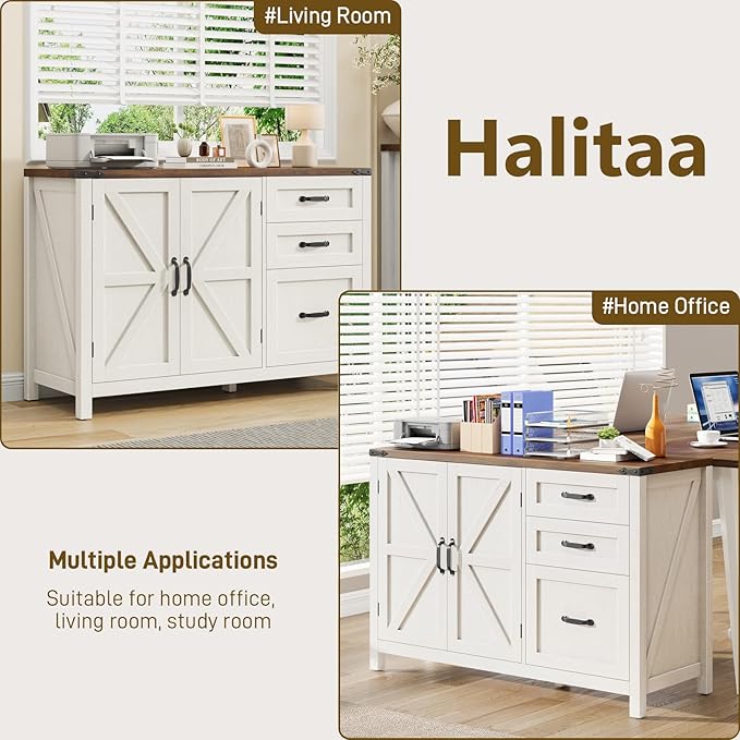 3 Drawer File Cabinet, Farmhouse Lateral Filing Cabinet with Doors for Letter/A4 Size Hanging Files, Large Wood Storage Cabinets Printer Stand with Adjustable Shelf for Home Office, White and Brown