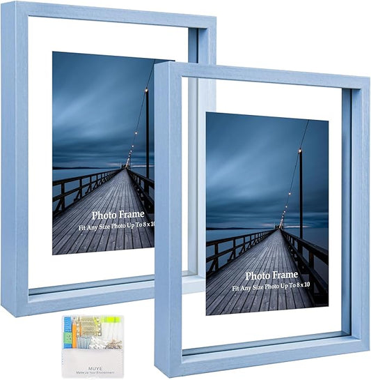 MUYE 8x10 Floating Frame Set of 2,Double Real Glass Photo Frame for Wall Hanging or Tabletop Standing,Display Any Size Photo up to 8x10,Blue