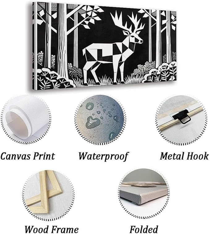 Black White Deer Framed Canvas Wall Art for Nursery, Forest Animal Wall Decor 48" L x 24" W