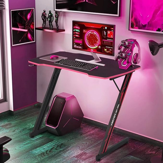 35" Z-Shaped Gaming Computer Desk with Hook - Cheap Home Office Desk for Bed, Sofa or Kids, Easy to Install, Lightweight to Move, Red