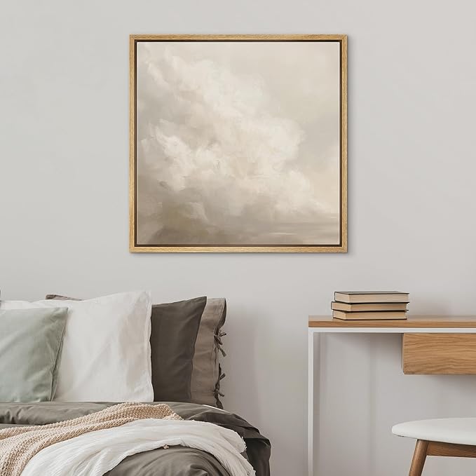 SIGNWIN Framed Canvas Print Wall Art Cloudy Sky Neutral Soft Beige Atmospheric Landscape Illustration Modern Art Decorative Nordic Minimal Calm/Zen for Living Room, Bedroom, Office - 16"x16" Natural