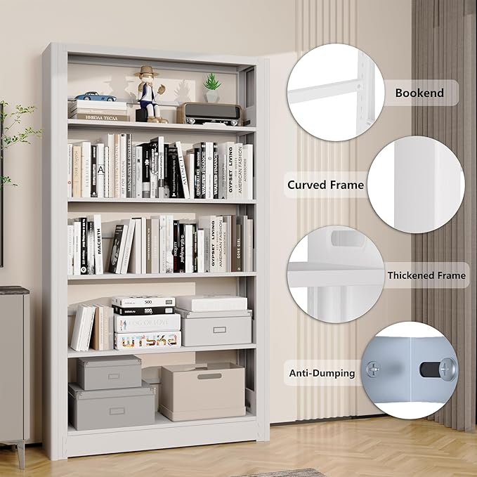 Bookshelf,5-Tier Bookcase with Adjustable Shelves,69” Tall Wide-Column Bookcase for Home Office, Living Room, Bedroom,White Metal Large Load-Bearing Bookshelf,H69*W36*D11.8 Inch (White)