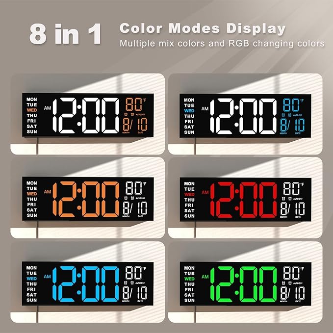 JALL 16" Large Digital Wall Mount Clock, Count Down Timer, Alarm, Big LED, RGB Color, DST, Temperature for Living Room Classroom Desk, Xmas, Birthday Gift for Senior Mom Dad (White Blue, 16 inches)