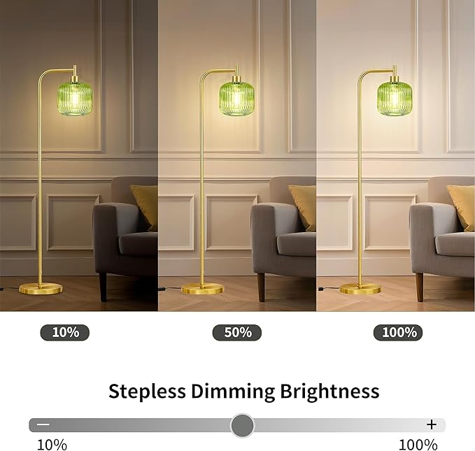 MAYNA Mid Century Modern Floor Lamp, Emerald Green Ribbed Glass Standing Lamp with Built-in Timer Switch, Gold Tall Vintage Lamps for Living Room Bedroom, 2700K LED Bulb Included