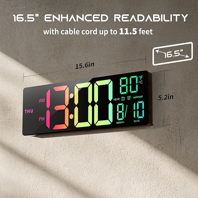 16.5" Large Digital Wall Clock with BT Sync, RGB Lights with 11 Scenes Mode Remote Control, Dual Alarms with Big LED Display, Auto DST, Temperature for Classroom Gaming