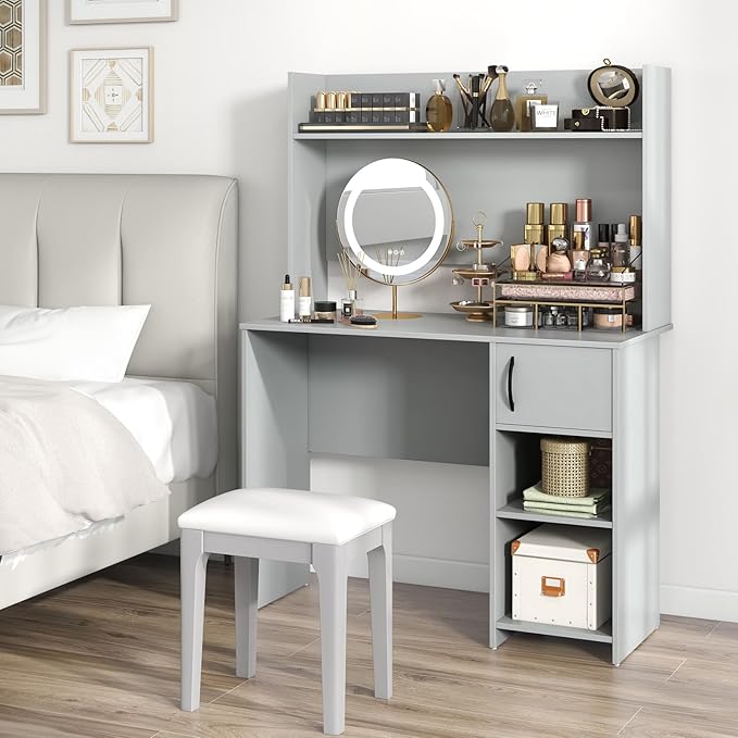 Tangkula Computer Desk with Hutch, Home Office Desk with Raised Display Shelf & 2 Open Shelves, Cabinet with Door, Cable Management Holes, Modern Laptop PC Desk, Study Writing Desk for Bedroom (Gray)
