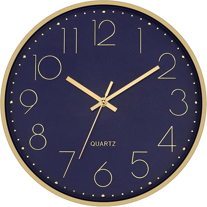 Foxtop Modern Wall Clock 12 Inch Silent Non-Ticking Battery Operated Round Quartz Gold Wall Clock for Living Room Bedroom Kitchen Office Classroom Decor (Dark Blue Dial)