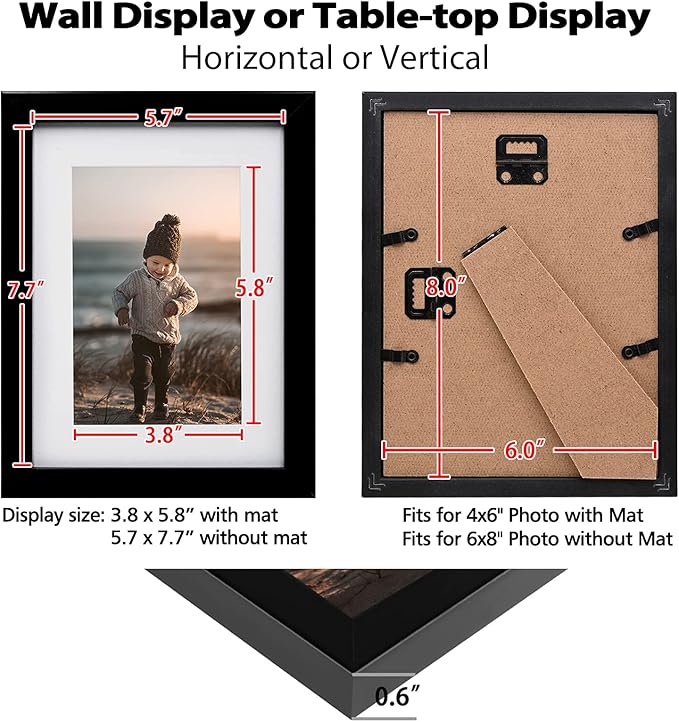 KINLINK 6x8 Picture Frame Black Set of 6, Wooden Photo Frames Matted 4x6 with Plexiglass for 4x6 with Mat or 6x8 without Mat for Table and Wall Display