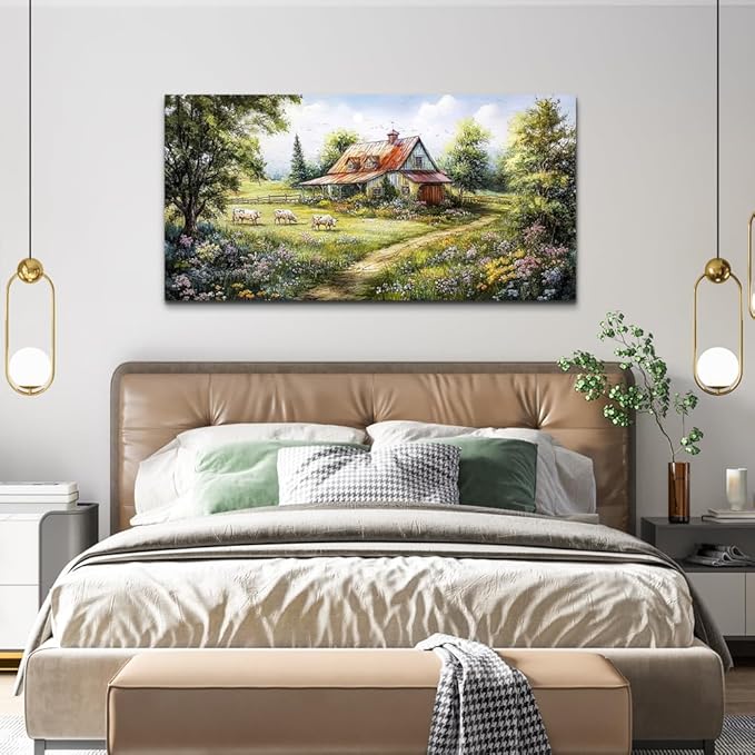 QIYILEXWART Large Wall Decor For Living Room Canvas Wall Art For Office Wall Decorations For Bedroom Grassland Paintings The Hut Picture Modern Artworks Inspiration Home Decor Ready To Hang