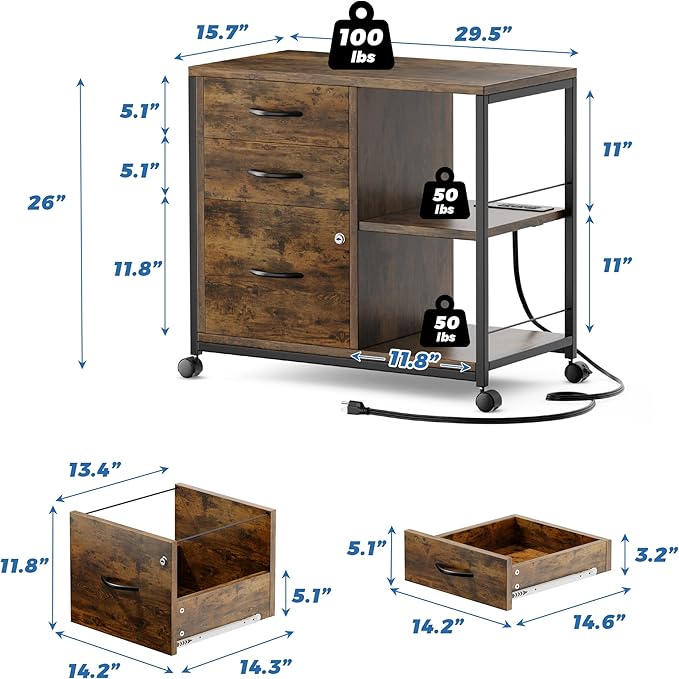 Lulive Brown 3 Drawer File Cabinet for Home Office, Lockable with USB Charging Port, Rectangular, 3 Levels, 100 Pound Weight Recommendation