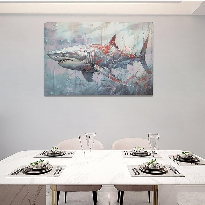 yerretin Ocean Shark Wall Art Nautical Shark Pictures Wall Decor Beach Coastal Undersea Canvas Painting Modern Artwork Home Decorations for Bathroom Bedroom Living Room Office Framed 24"x16"