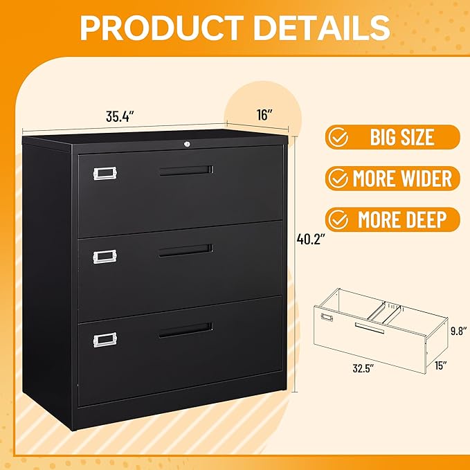 Lateral File Cabinet with Lock, 3 Drawer Metal Filing Cabinet, Lateral Filing Cabinet with Lock for Home Office, Locking Metal Steel Wide File Cabinet for Legal/Letter A4 Size